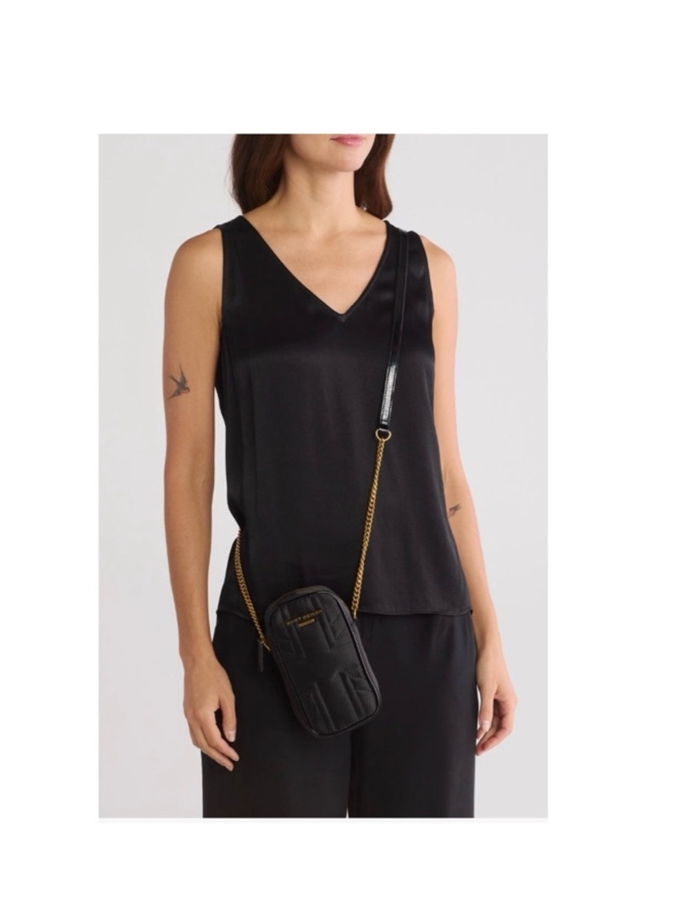 Kurt Geiger Black London Quilted Crossbody Phone Bag with Gold Chain